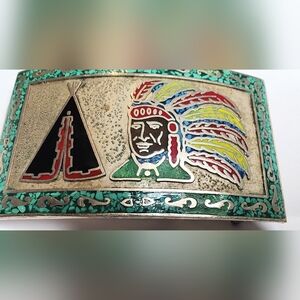 Vintage Native American Taxco Silver Plated Turquoise Chip Inlaid Belt Buckle